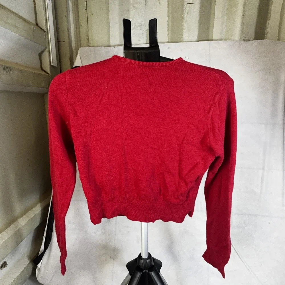 Blue Asphalt Cropped Cardigan Sweater Women's Small Red Tight Knit Button Front